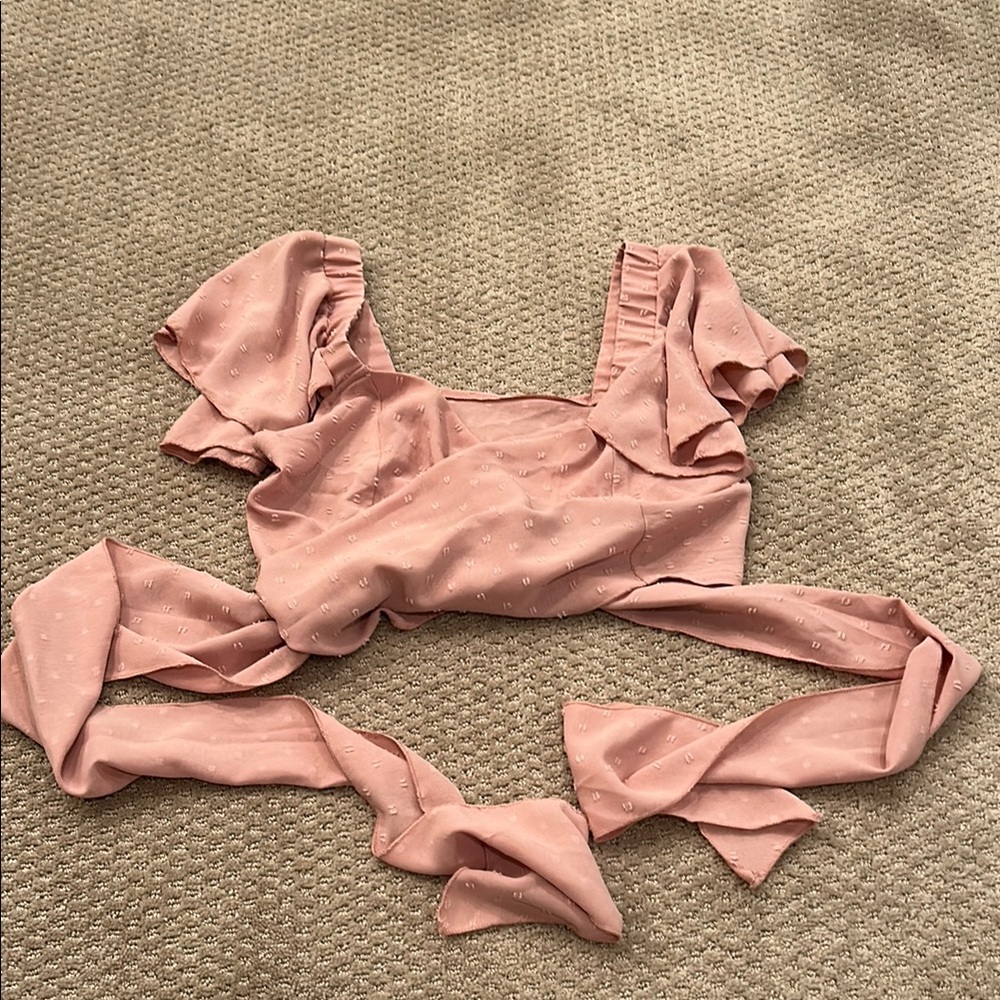SHEIN Pink Puff Sleeve Crop Top with Tie Front